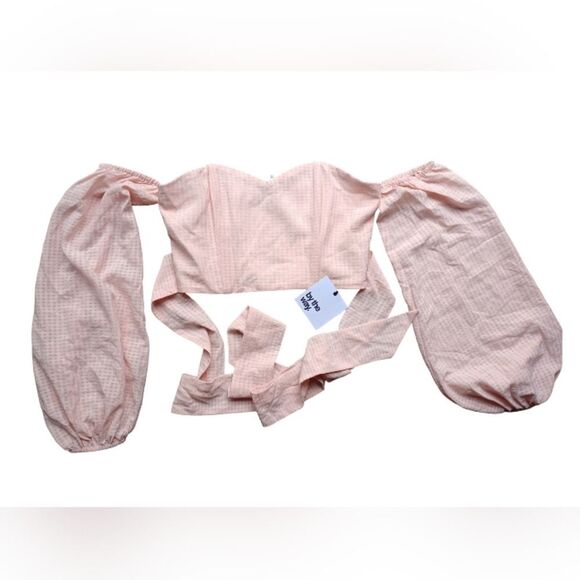 NWT REVOLVE by The Way Off The Shoulder Gingham Boned Crop w/tie in Light Pink - Picture 2 of 11